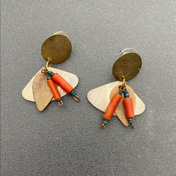Jewelry - Vintage Gold and Orange Handmade Geometric Earrings. Various metals and coral.